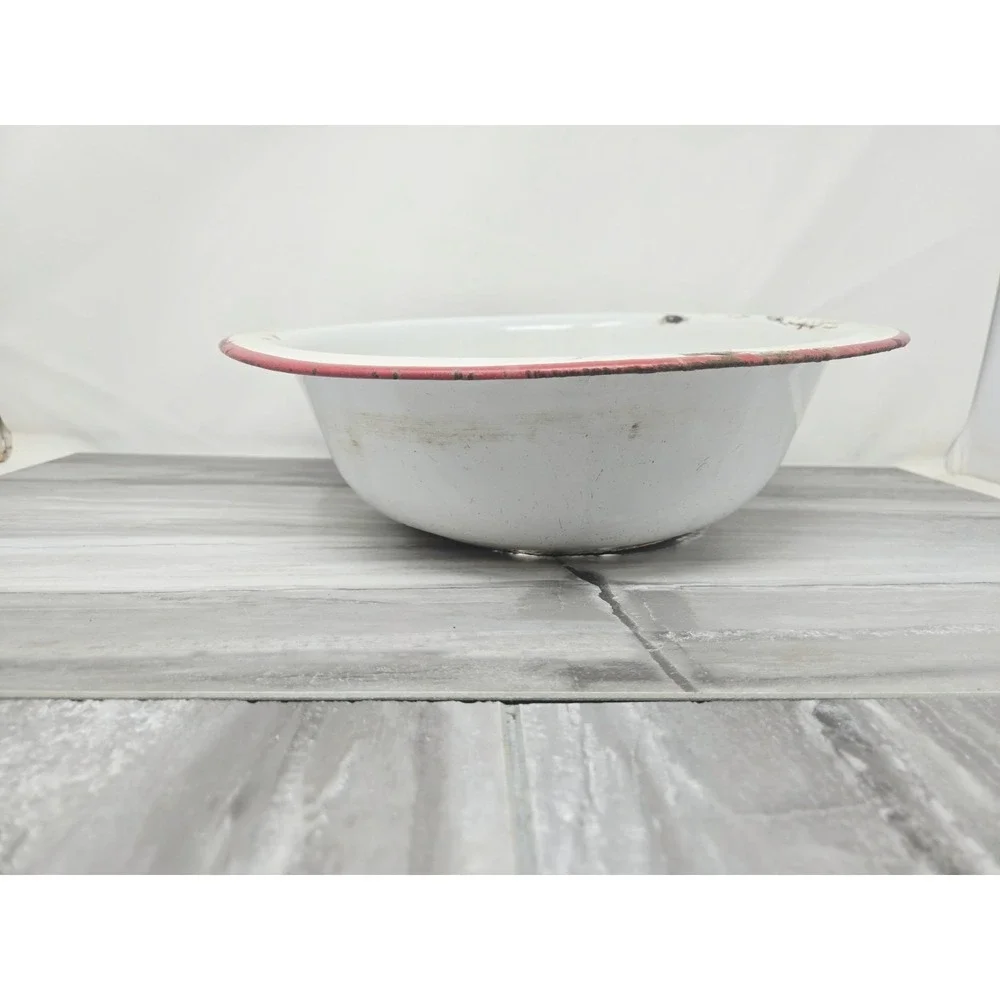 VTG White Red Enamelware Basin Bowl Antique Primitive Farm  12